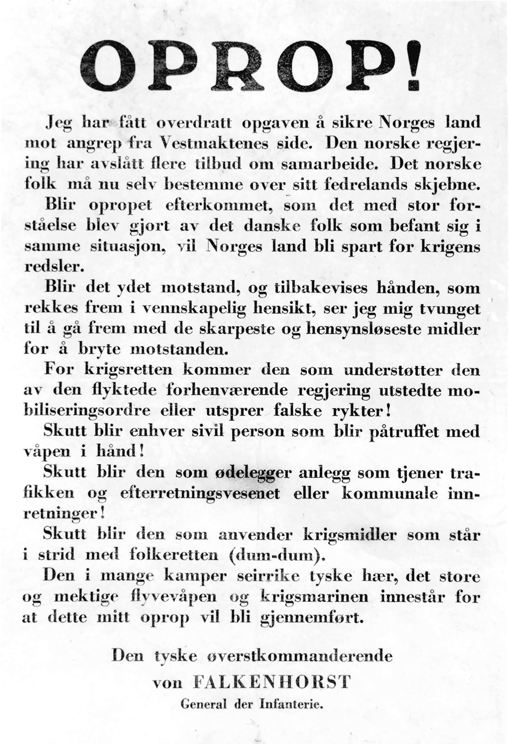 Figur 1 Oppropet fra Den tyske øverstkommanderende von Falkenhorst, General der Infanterie. Faksimile: Eidsvoll museum,…