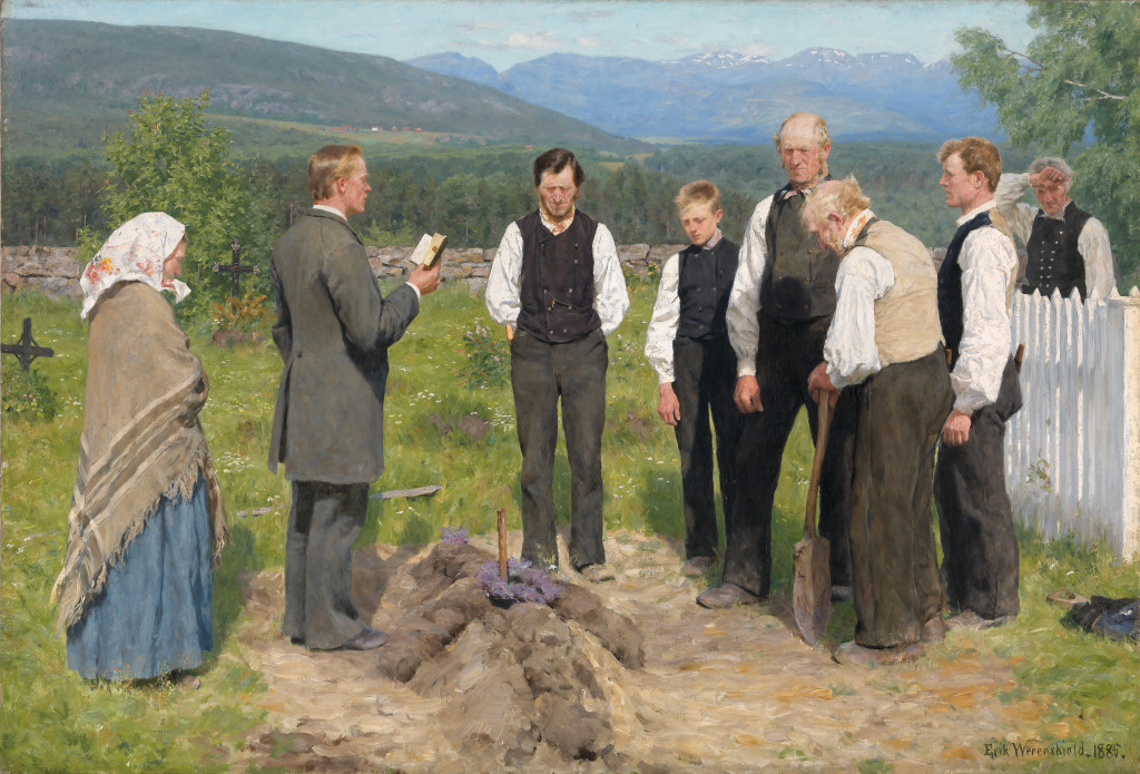 En påminning av viktigheten av ritualer i sorgarbeidet. «En bondebegravelse» av Erik Werenskiold fra 1885. Foto: Børre…