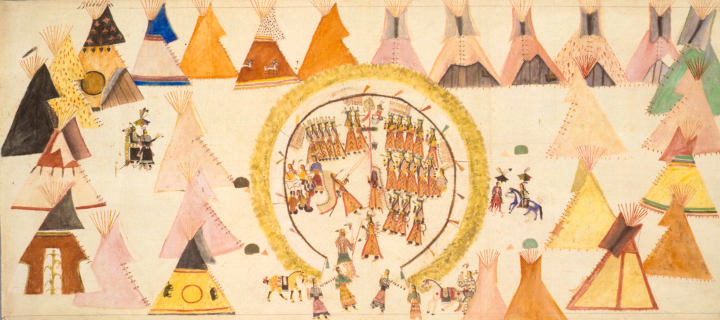 The fourth day of the Sun Dance, painted by Short Bull in 1912. The Sun Dancer had to demonstrate endurance and tolerance to…