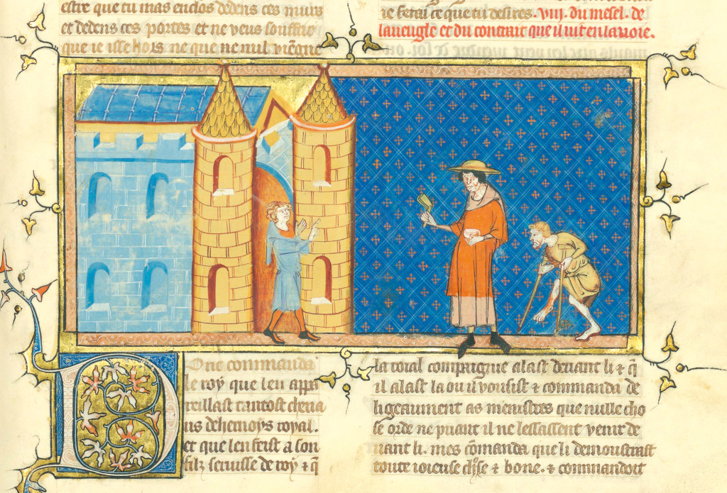 Leprasyke avvises ved byporten. Miniatyr fra Speculum historiale av Vincent de Beauvais, midten av 1300-tallet. Illustrasjon…
