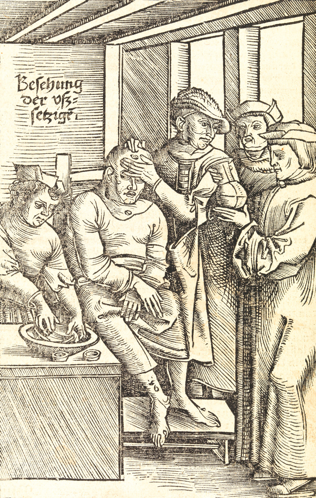 Undersøkelse av en spedalsk. Tresnitt i Feldtbuch der Wundarzney av Hans von Gersdorff, 1517. Illustrasjon: Wellcome…