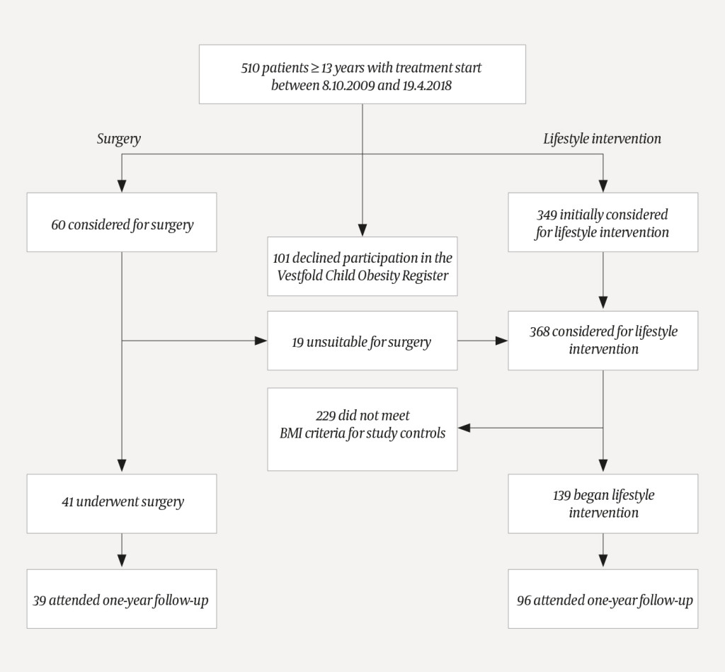 Figure 1 Distribution of patients aged 13–18 years with BMI 35 kg/m2 or above in the lifestyle intervention (n = 139) or…