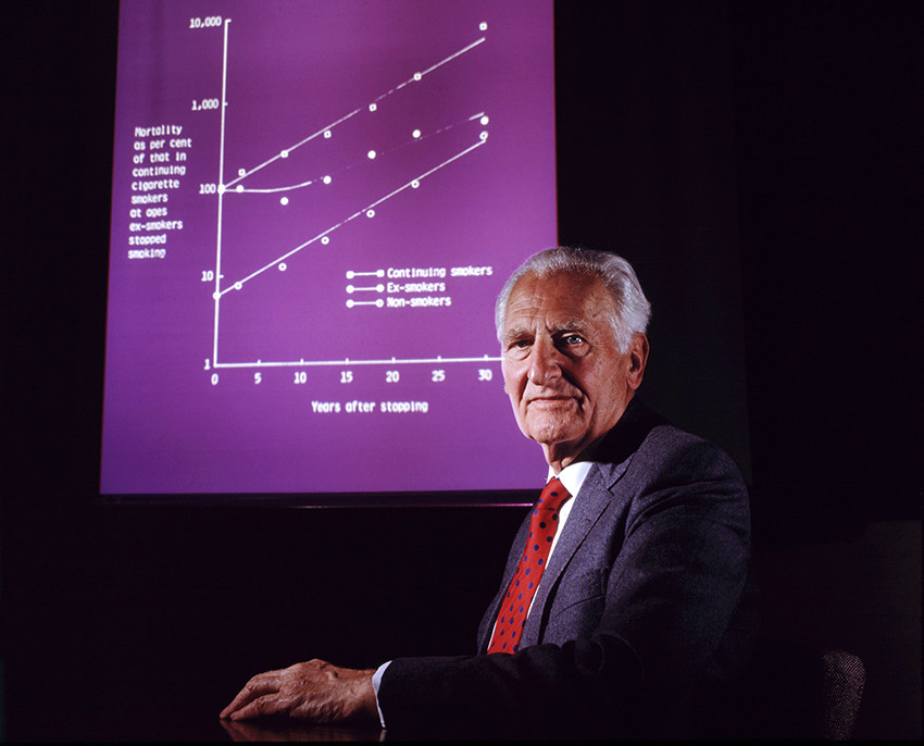 Richard Doll (1912-2005) fotografert i 1989 med en av hans grafer over røykeres mortalitetsrate. Foto: Science Photo Library…