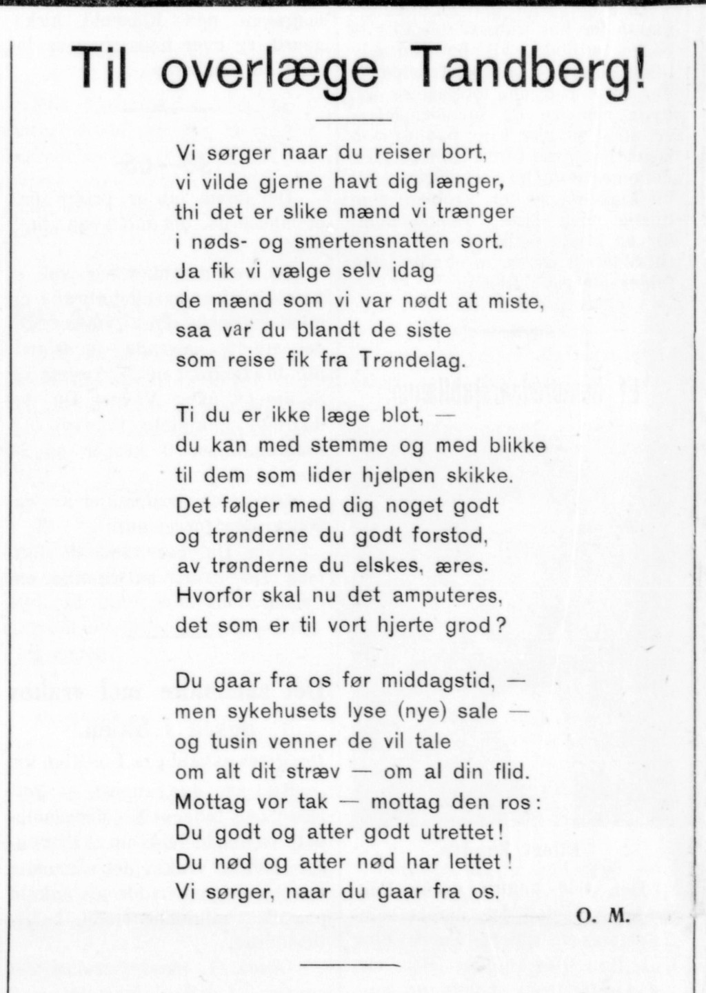 Figur 4 Dikt publisert da Olaf Tandberg sluttet som overlege ved Innherred sykehus. Faksimile: Nordenfjeldsk Tidende 8.8…