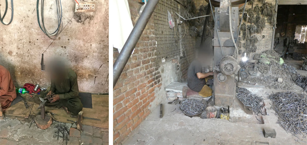 Figur 1 Bilder fra lavlønnsfabrikk i Sialkot, Pakistan. Arbeidet foregår uten bruk av verneutstyr. Fotograf: Pia Uhre Trulsen