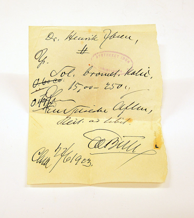 Figure 3 Prescription written by Henrik Ibsen's doctor, Edvard Bull, on 22 June 1903, for potassium bromide (1, image 11).