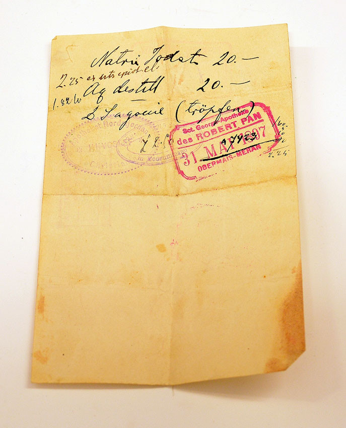 Figure 4 Undated and unsigned Italian prescription for sodium iodide. One of the stamps is dated 31 May 1897. This…