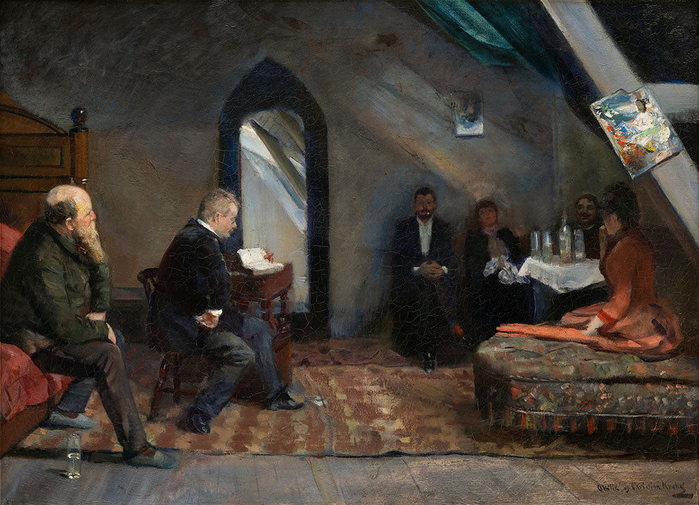 Gunnar Heiberg leser &laquo;Kong Midas&raquo;, 1889. P&aring; kanten av en seng sitter Christian Krohg, ved et bord forfatteren Gunnar Heiberg&hellip;